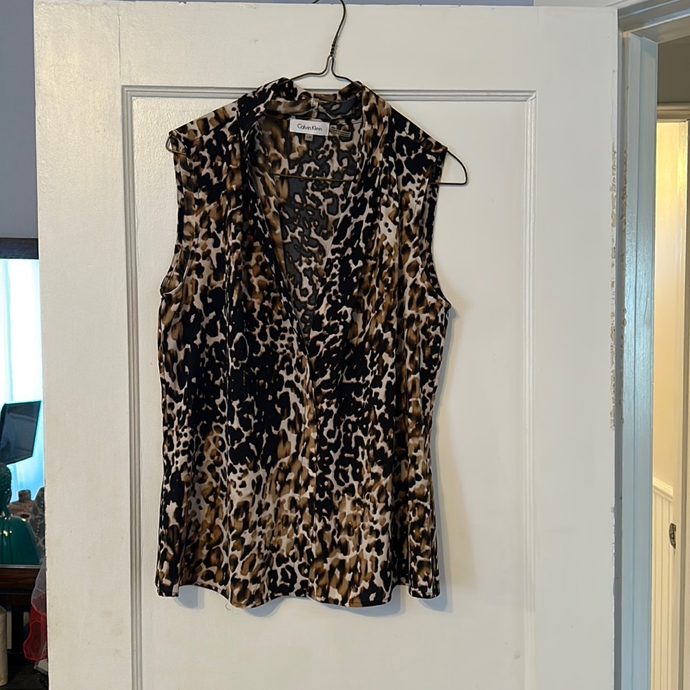 Calvin Klein, sleeveless leopard shell blouse